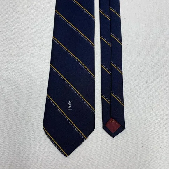 Yves Saint Laurent Silk Tie – Navy Gold Diagonal Stripe - Picture 2 of 4